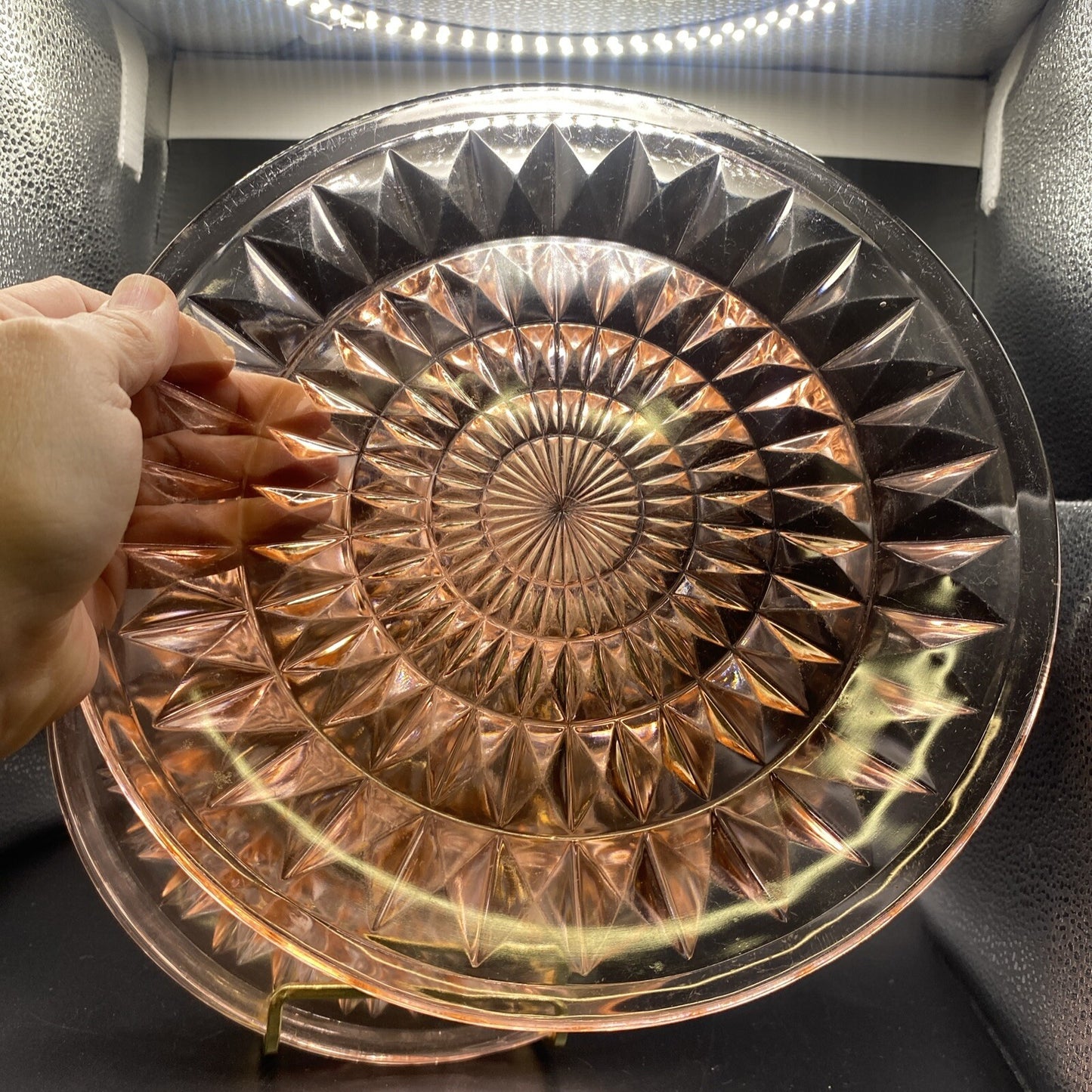 Lot of 4 9" Plates  Vintage Pink Depression Glass Cube Diamond Scalloped Edge