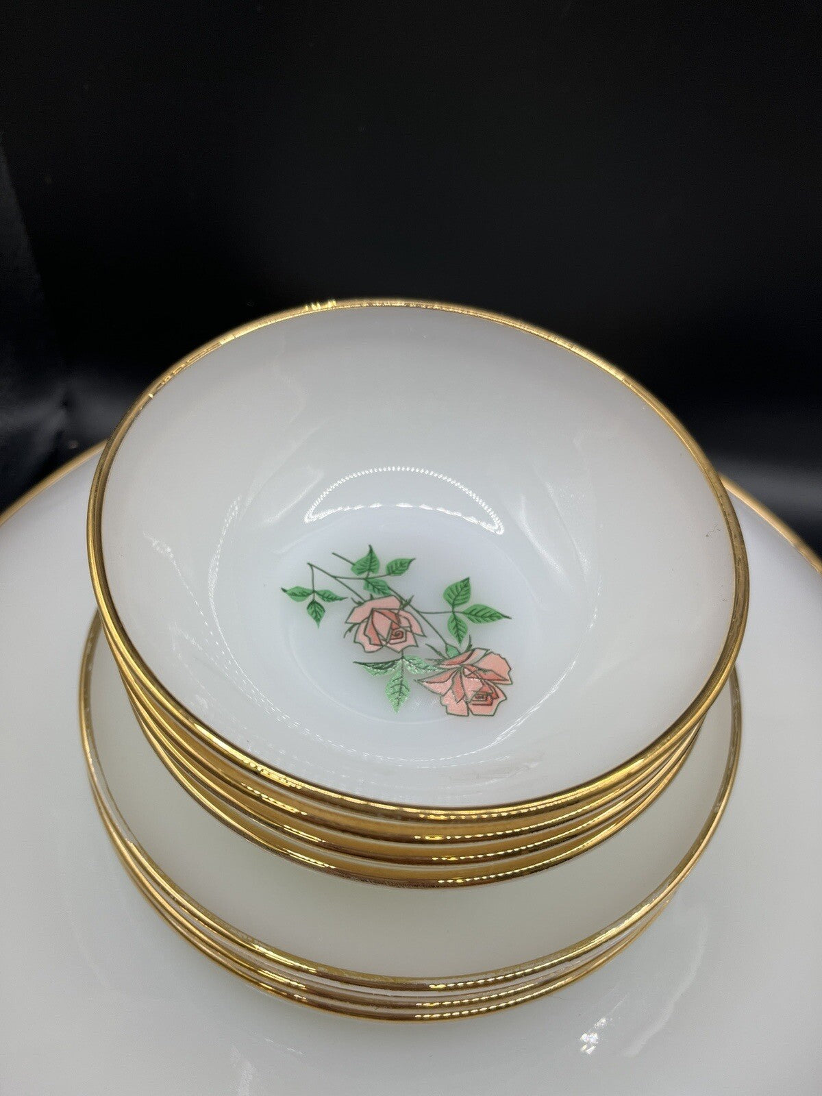 Vintage Anchor Hocking Fire-King Anniversary Rose 4 Plates, Bowls, & Cup & Sauc