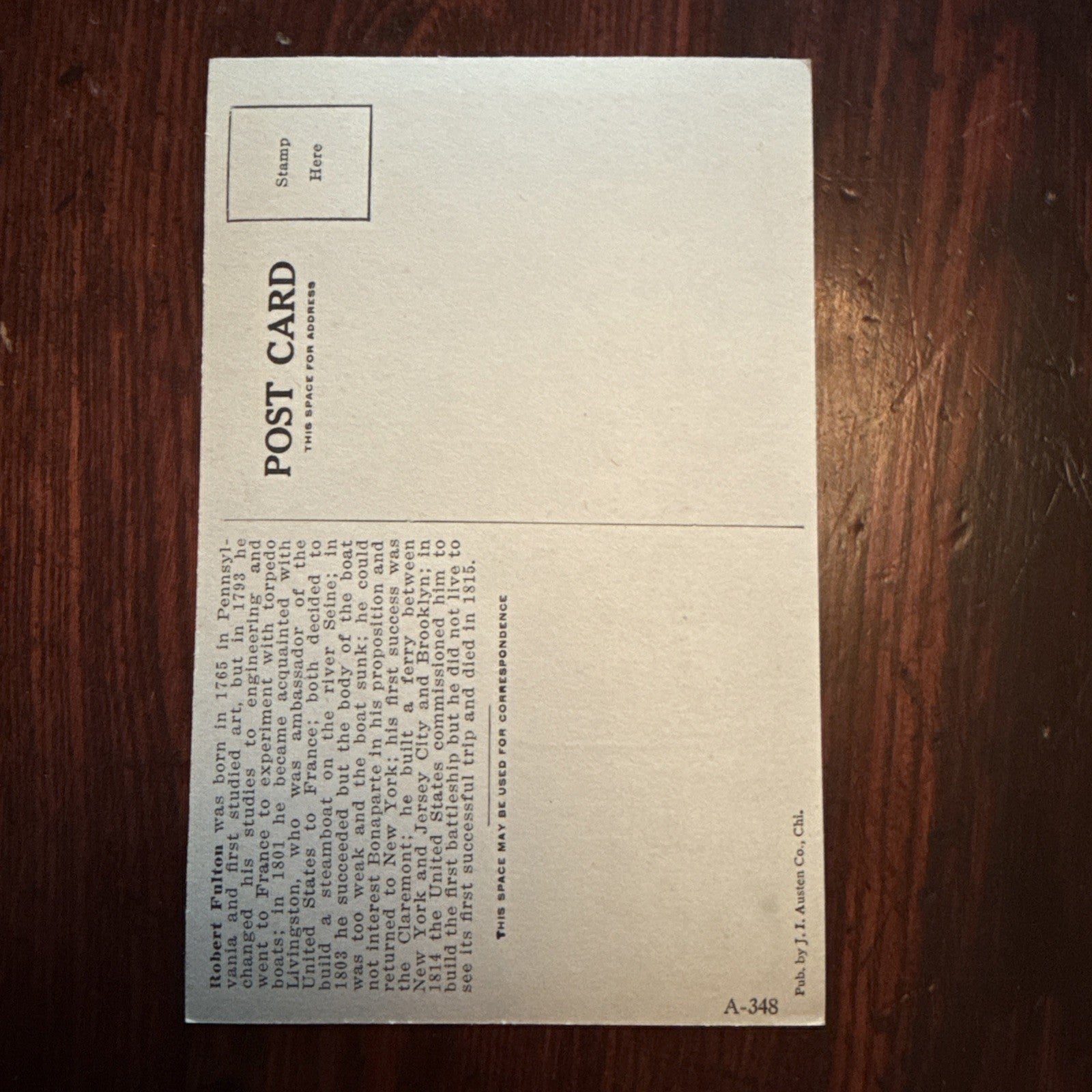 Robert Fulton by J I Austen Postcard Anvil Ship Plane Train c1910's *Scarce