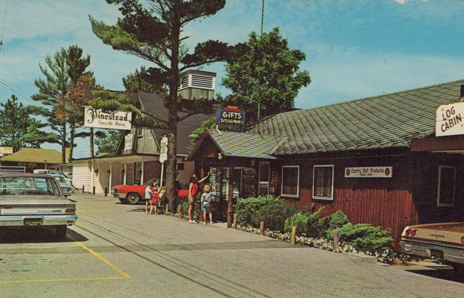 Log Cabin Gift Shop Pinestead Dining sign Traverse City Michigan MI Mich P66973