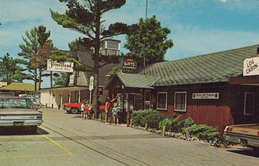 Log Cabin Gift Shop Pinestead Dining sign Traverse City Michigan MI Mich P66973