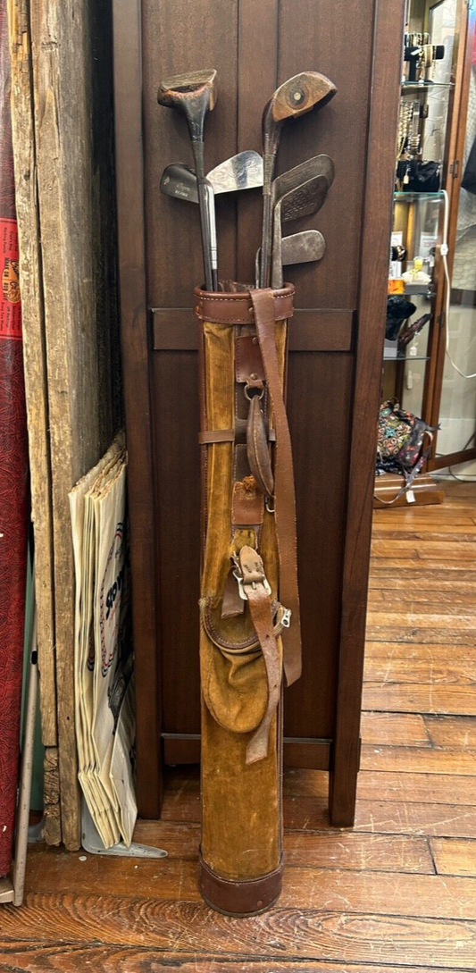1930's Set of 7 Golf Club W Bag Wood and Metal Clubs Wood Handles W Talon Zipper