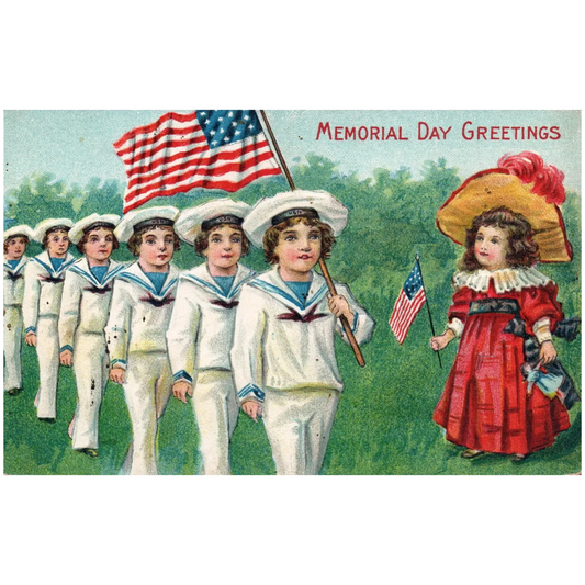 Memorial Day Greetings Children Marching w Flags Vintage Patriotic Postcard