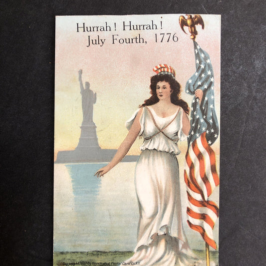 1776 Hurrah July Fourth Patriotic Lady Holding Flag Statue of Liberty Postcard