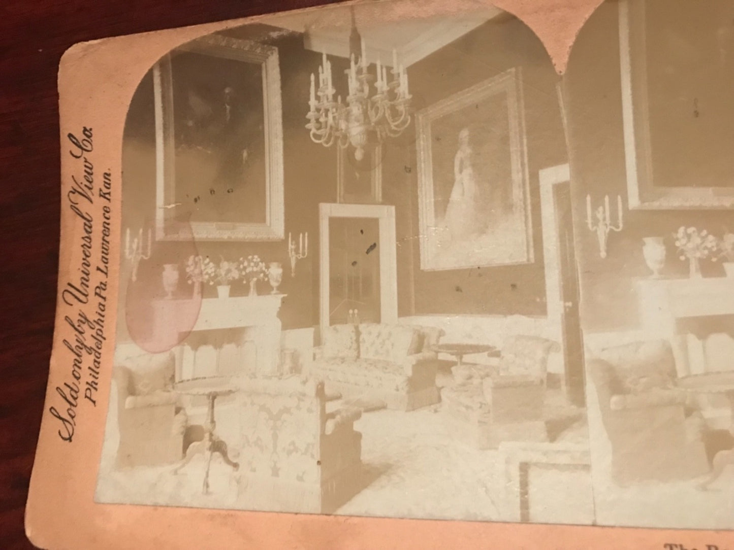 Real photo stereoview The Red room George Martha Washington White House DC