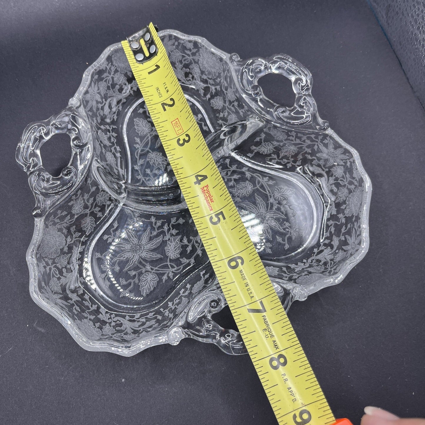 CAMBRIDGE ART GLASS UNIQUE THREE HANDLED THREE PART CANDY DISH "WILDFLOWER" ETCH