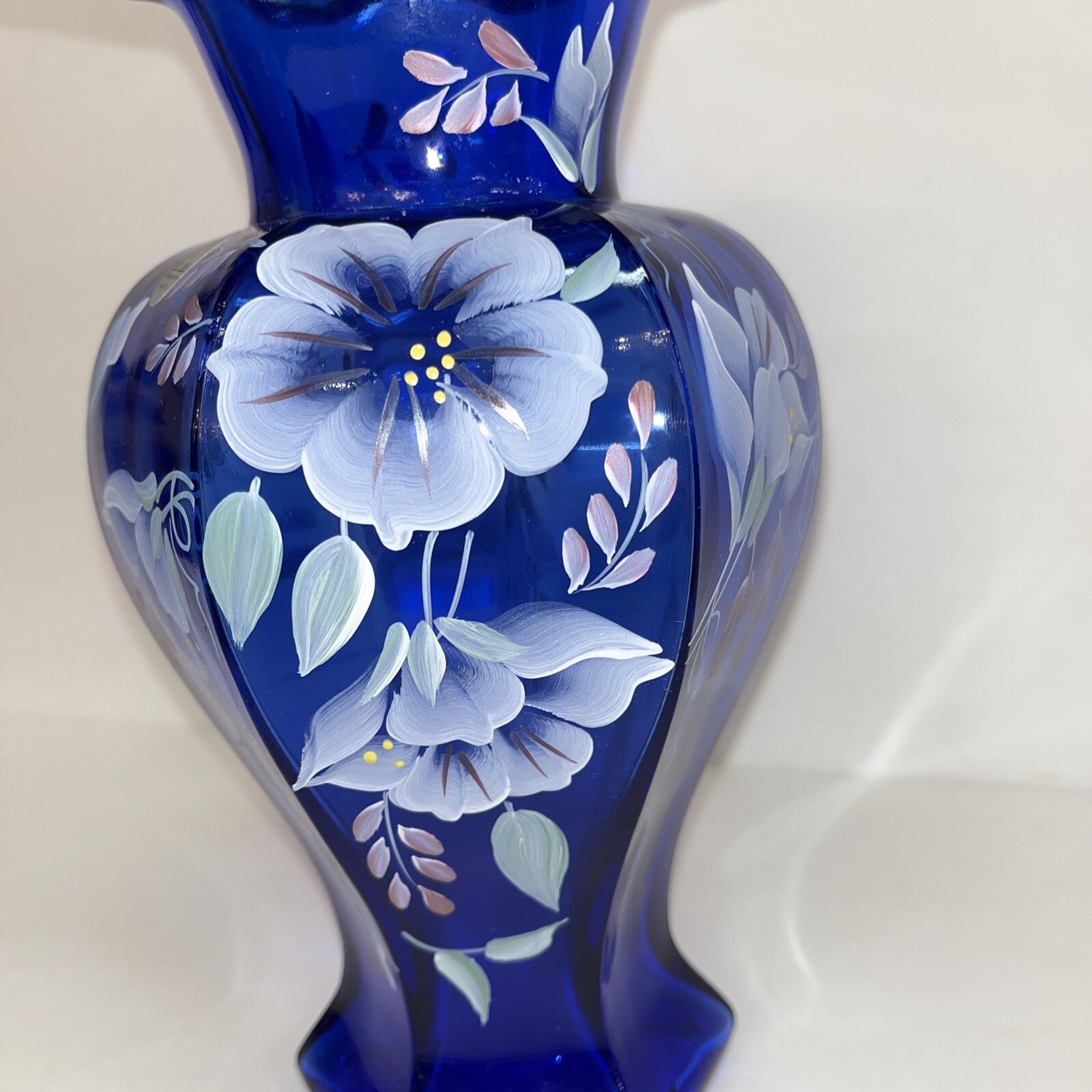 Fenton 75th Anniversary Vase Colbalt Blue Green Crest Hand Painted Signed