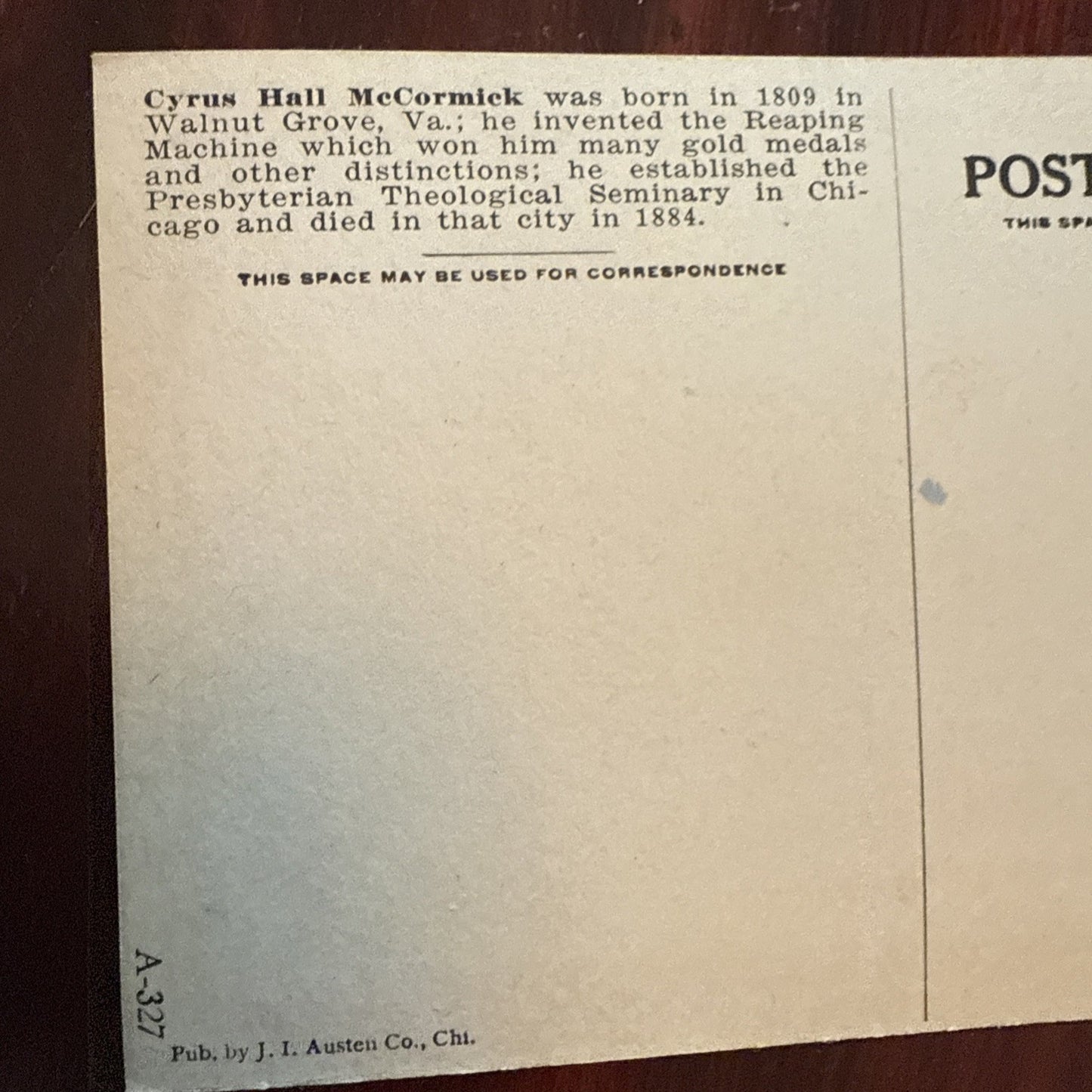 Cyrus McCormick by J I Austen Postcard Anvil Ship Plane Train c1910's *Scarce