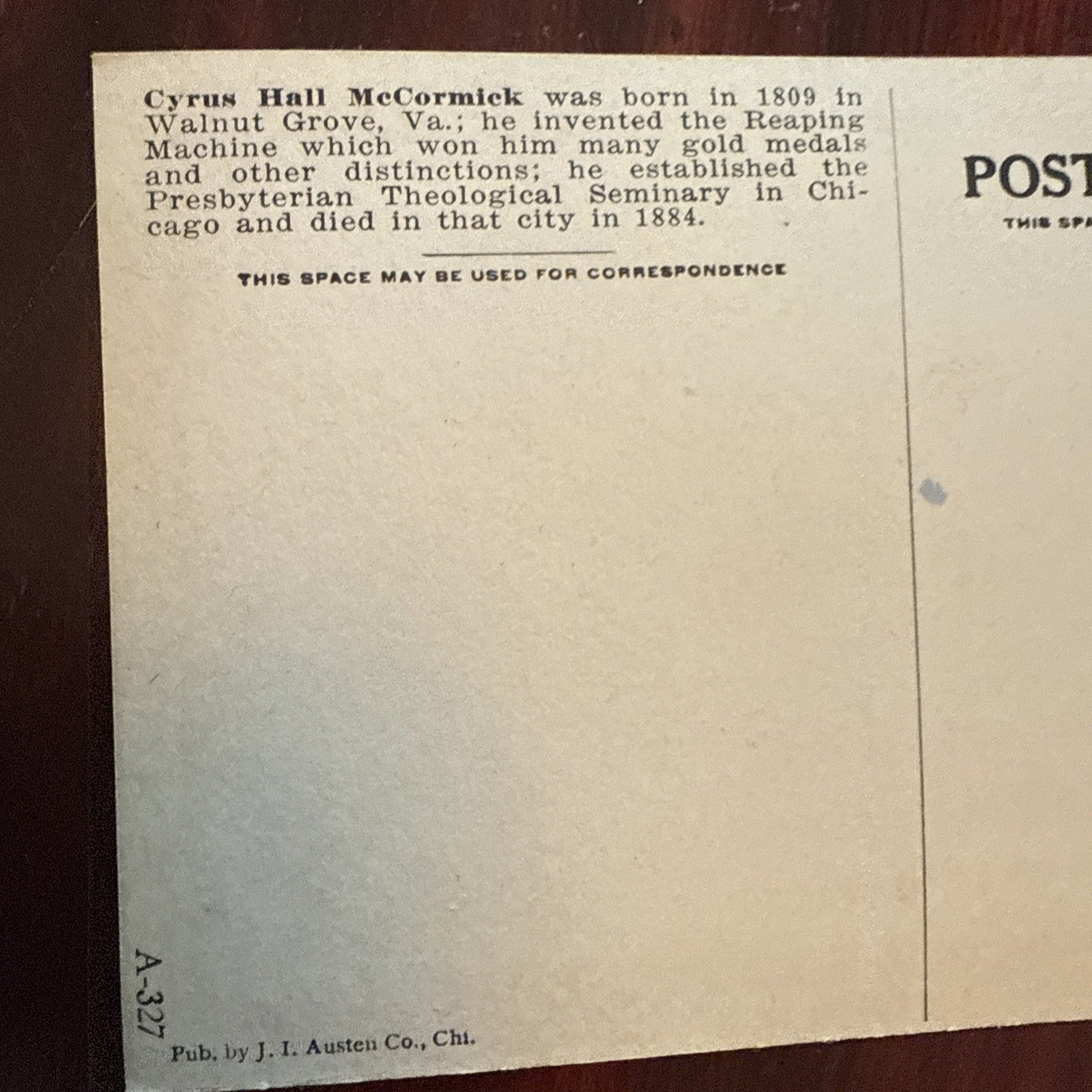 Cyrus McCormick by J I Austen Postcard Anvil Ship Plane Train c1910's *Scarce