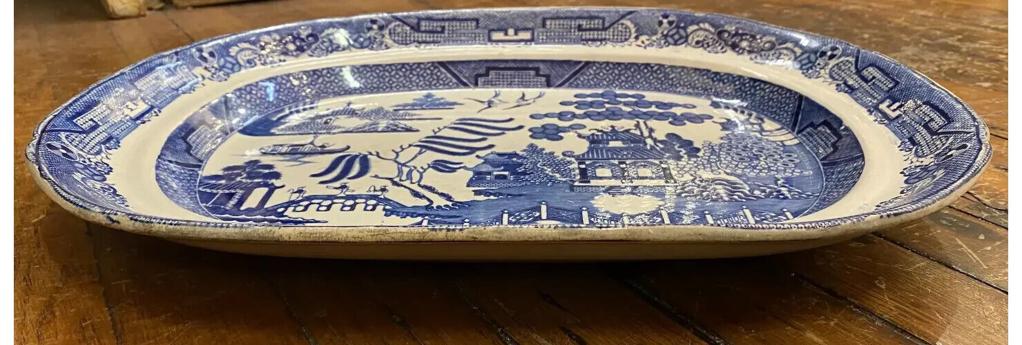 c1860 Staffordshire Adams Blue Willow Antique Platter 17" x 13" White