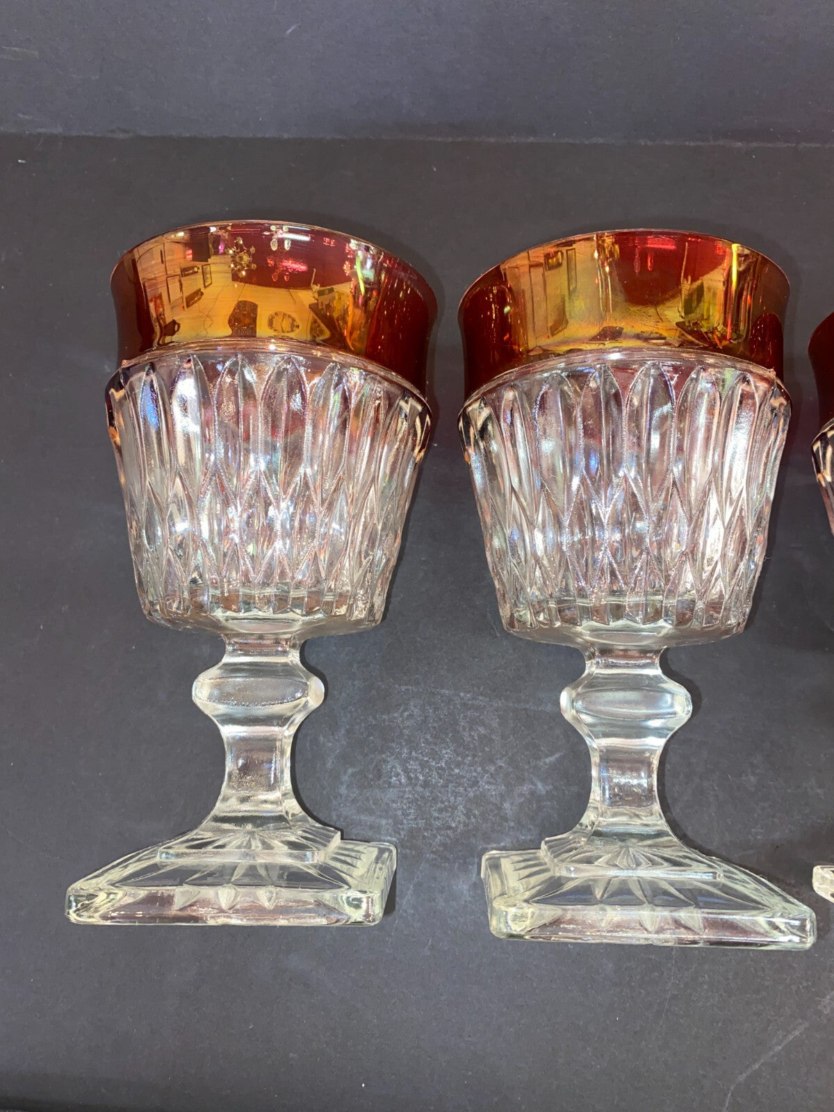 Vintage  Ruby Red Rimmed Set Of 4 Goblet Clear Cut Glass Square Base