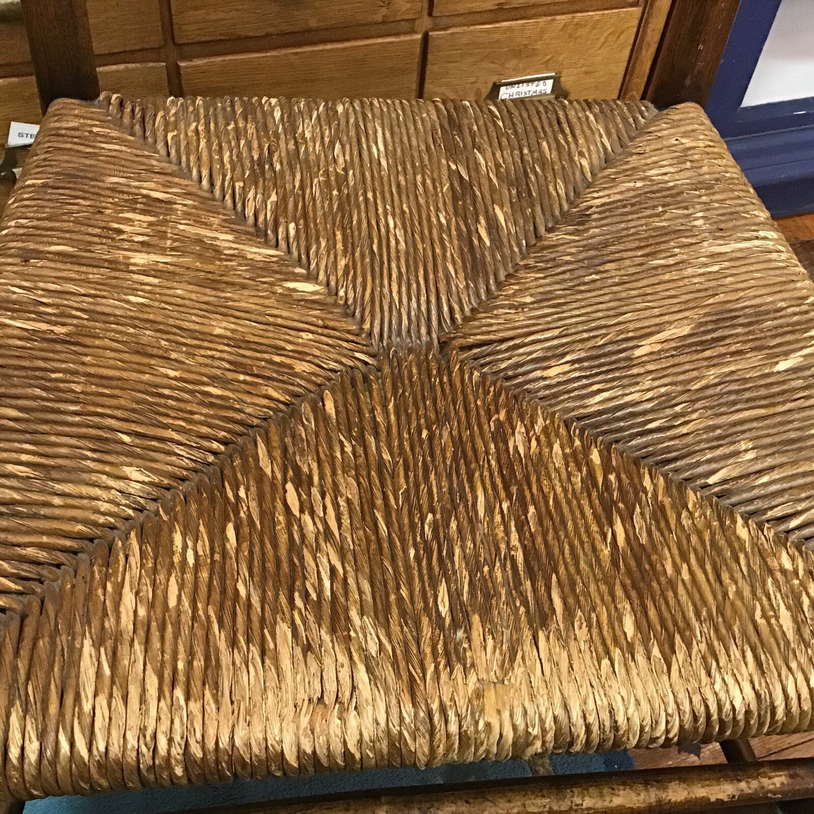 Antique Wood Shaker Ladder Back Rush Seat Arm Chair