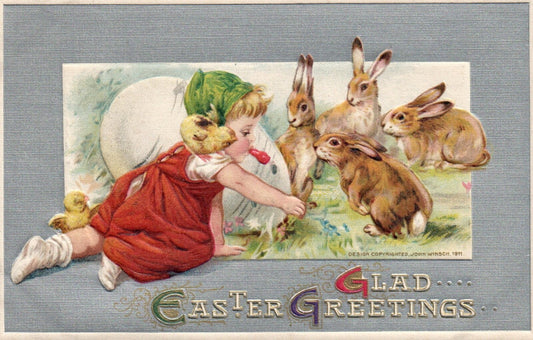 Glad Easter Greetings Little Girl Playing With Rabbits Vintage Easter Postcard