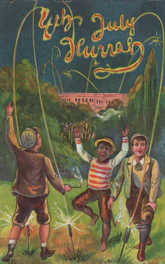 Patriotic 4th of July Hurrah Three Boys Sparklers Fireworks Postcard No. 746