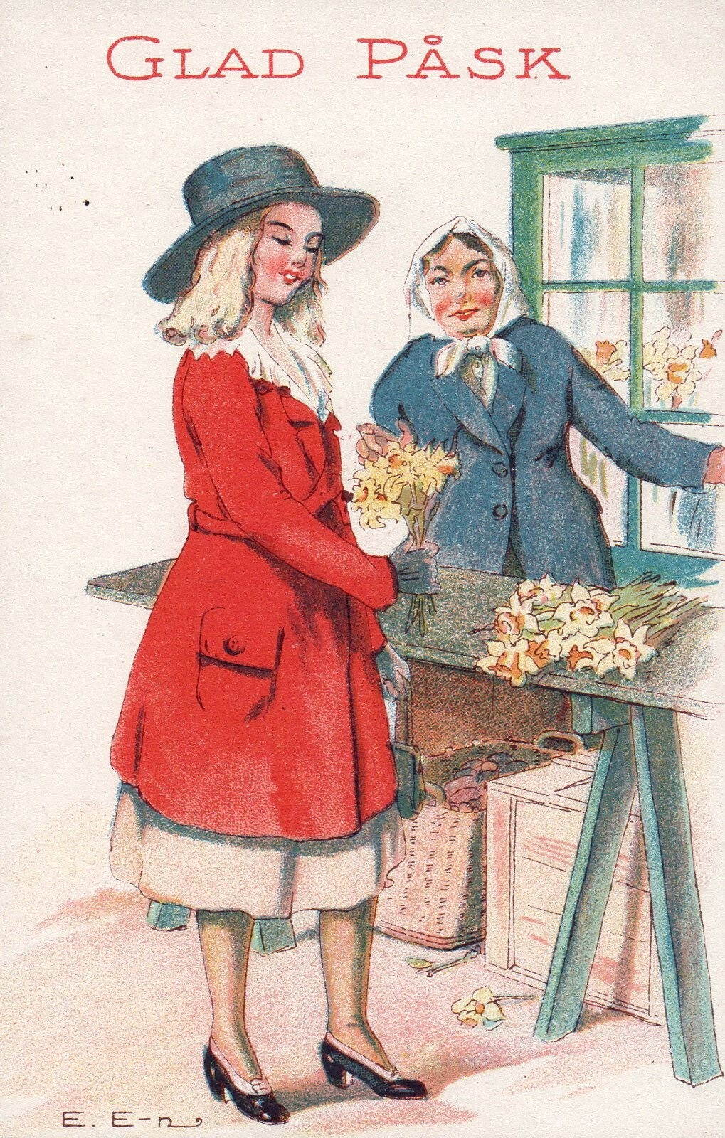 Glad  Pask E E n  Artist Girl Flower Stand Easter vintage postcard