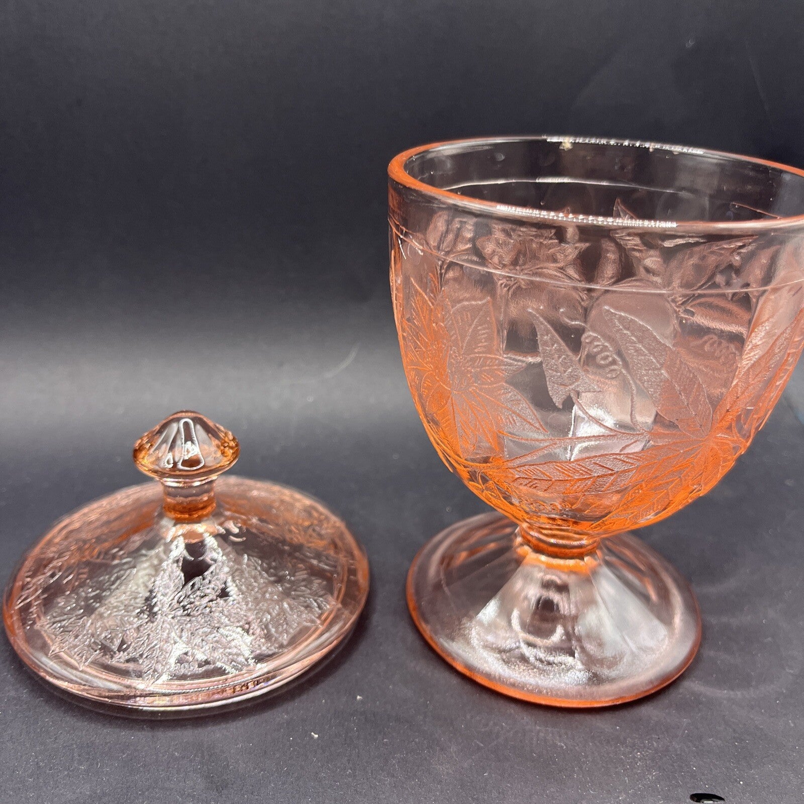 Floral Pink Footed Glass Candy Dish and Lid By Jeanette 6-1/4”