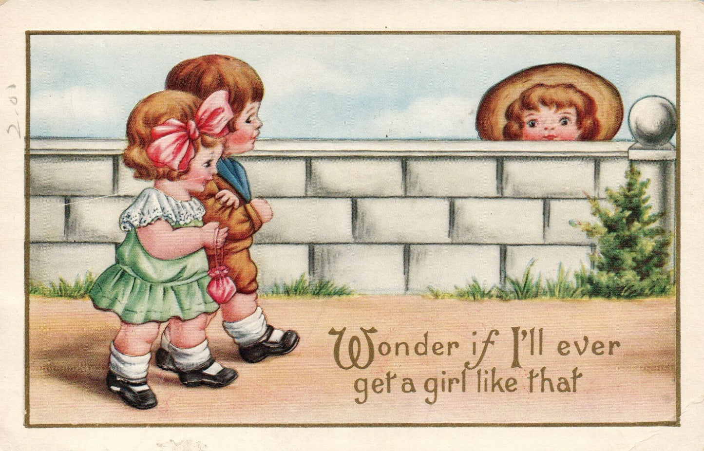 Boy Peaking Over Fence At Couple Wonder If Ill Get A Girl Valentine Postcard