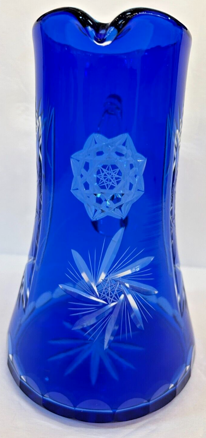 Vintage 9.5" Bohemian Czech Cut crystal Cobalt Blue Glass Pitcher