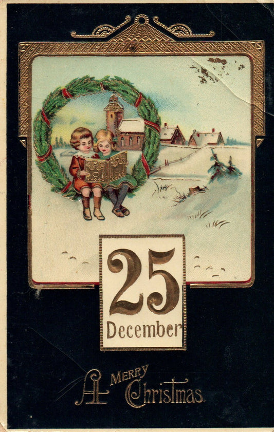 Gold Gilt Ge A Merry Christmas Children read book in Wreath Christmas 