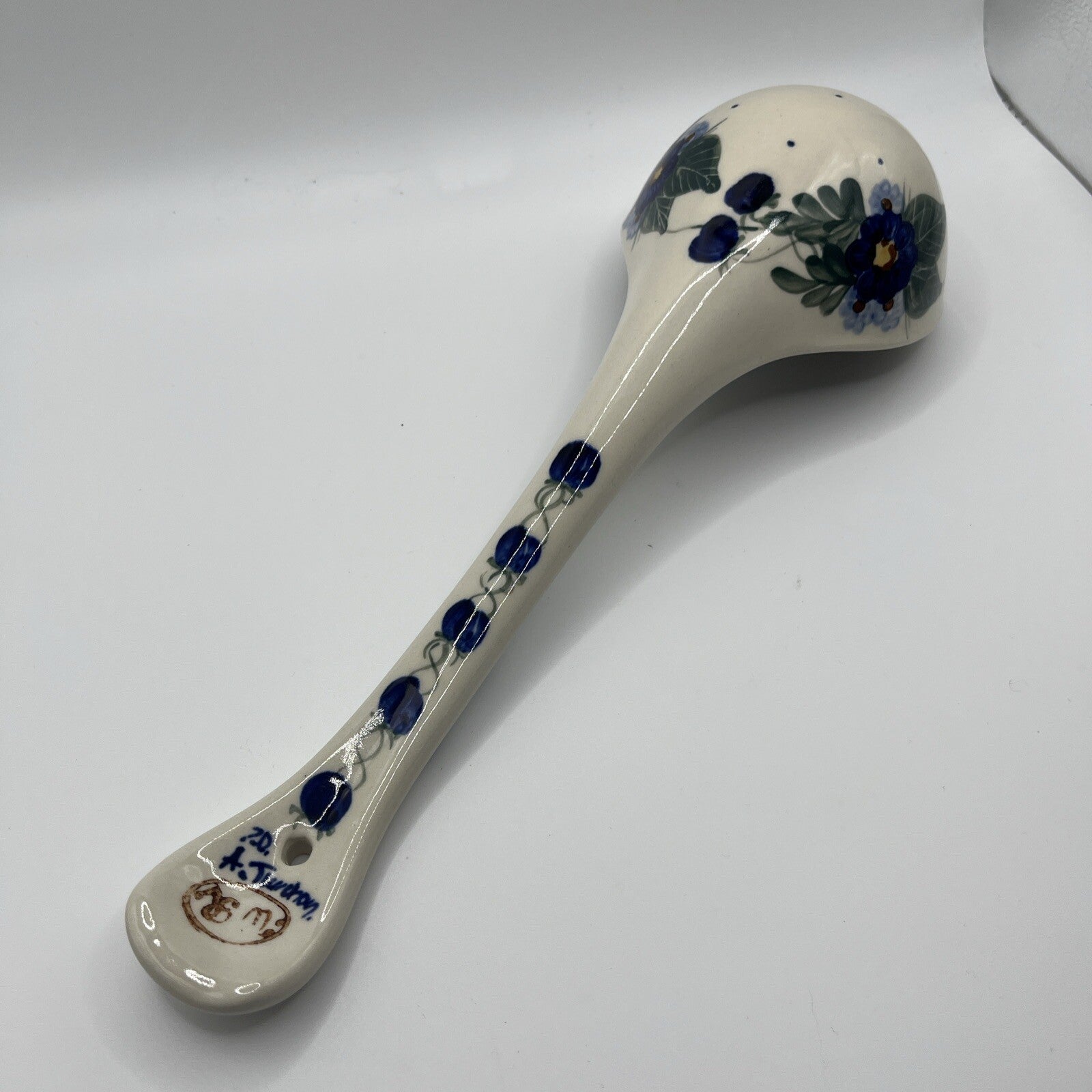 Vtg Polish Pottery Soup Serving Ladle 12“  Wild Blueberry Cobalt Blue