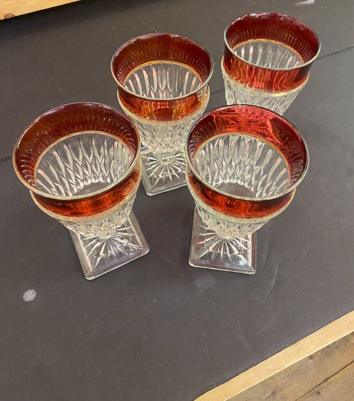 Vintage  Ruby Red Rimmed Set Of 4 Goblet Clear Cut Glass Square Base