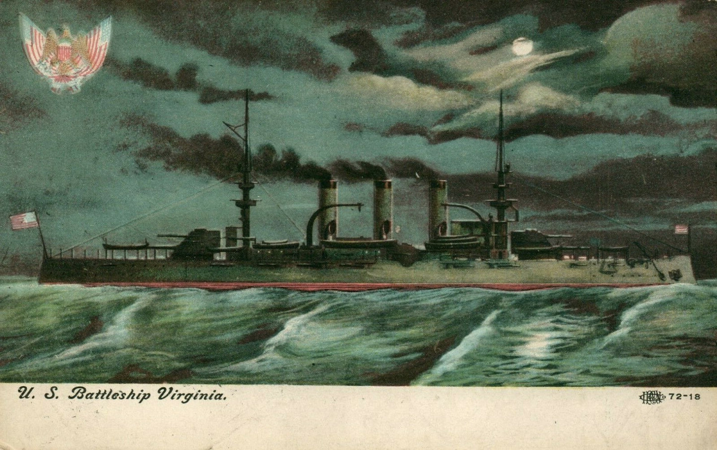US Navy Battleship Virginia at night 72-18 Militaria Ship Postcard
