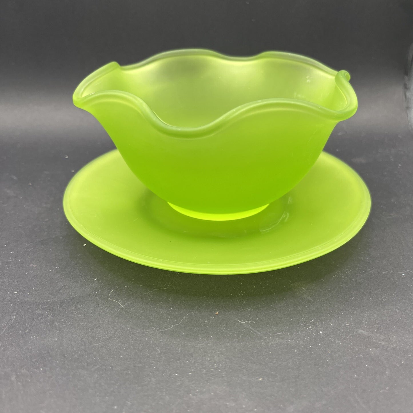 Vintage Green Satin Frosted Depression Glass 5" Bowl & 6" Saucer