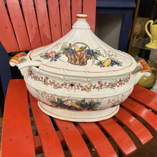 Vintage Soup tureen Harvest Fruit Basket Ceramic Japan No Ladle 