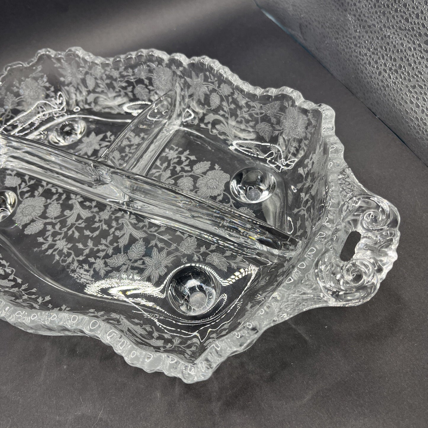 Cambridge Glass Clear 4 Toed 3 Part Relish Dish WILDFLOWER Etched