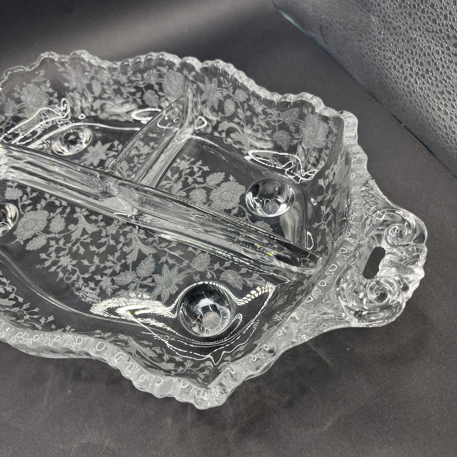 Cambridge Glass Clear 4 Toed 3 Part Relish Dish WILDFLOWER Etched