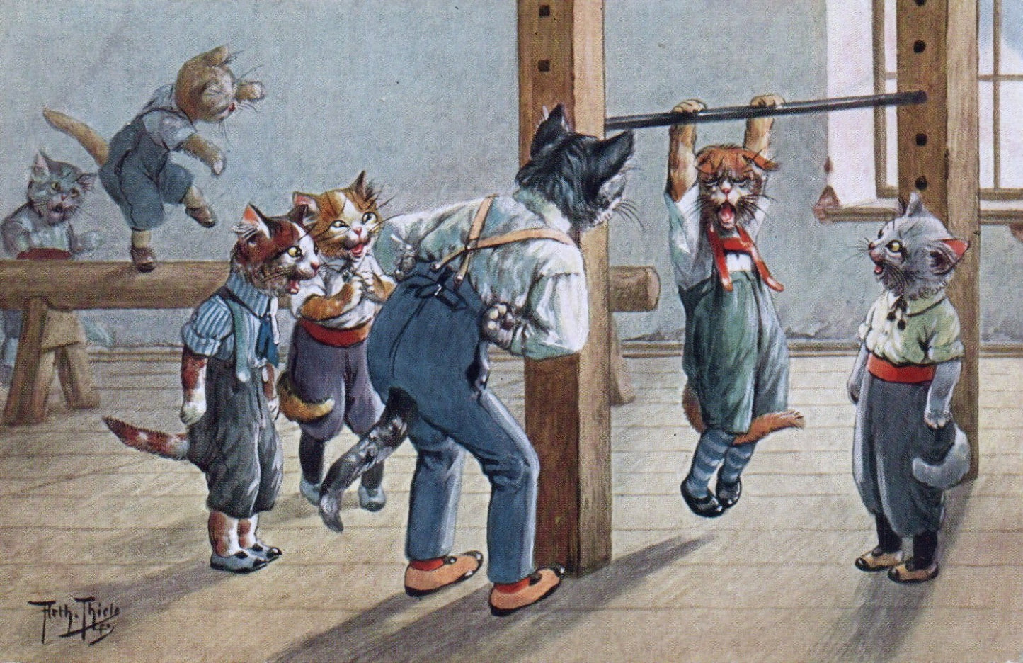 Artist Signed Arthur Thiele Kittens in Gym Class Funny Cat Postcard