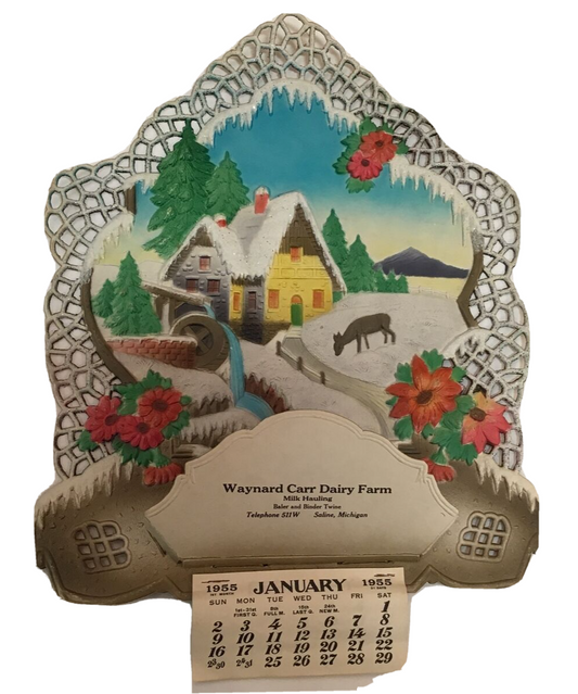 Large 1955 Waynard Carr Dairy Farm Milk Saline Michigan Calendar Die Cut Germany