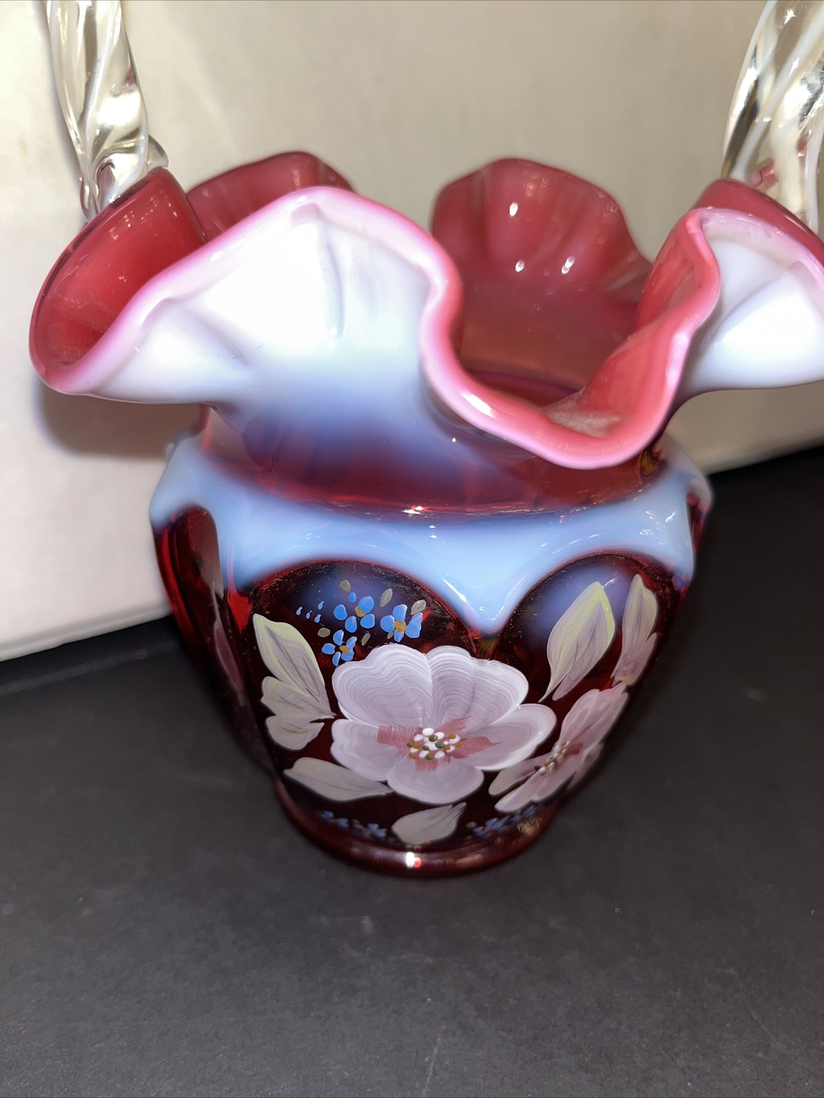 Fenton Art Glass Cranberry Opalescent Open Heart Arches Basket Signed & HP