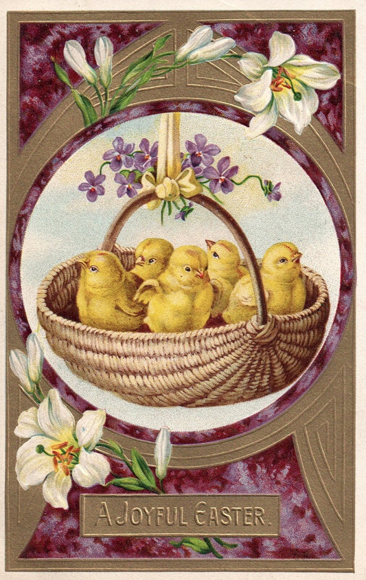A Joyful Easter Little Chicks In Basket Gold Embossed Vintage Easter Postcard