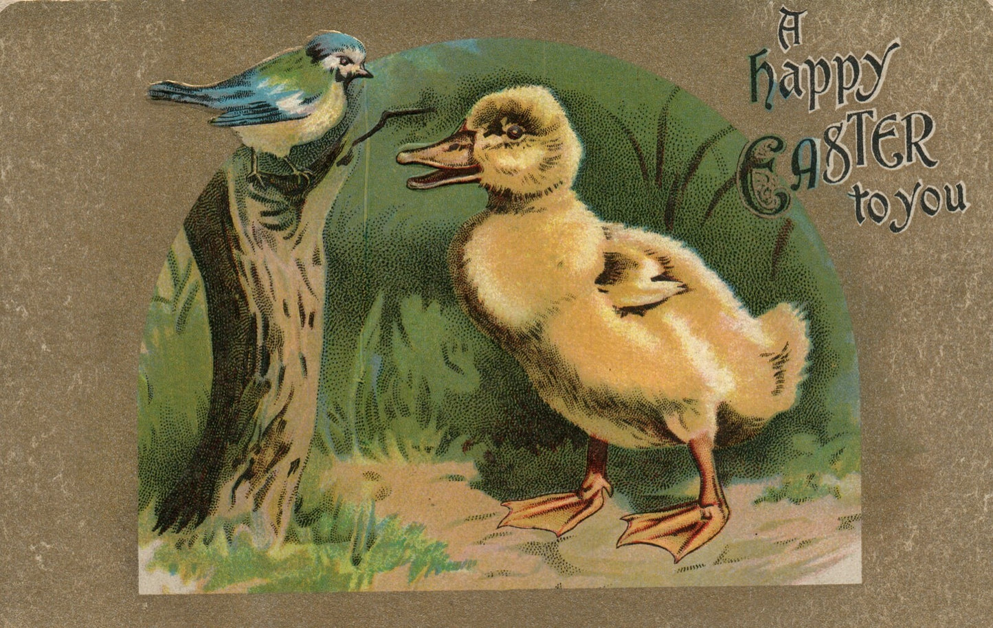 Series D No 08 Duck Watching Blue Bird On A Branch Gold Metallic Easter Postcard