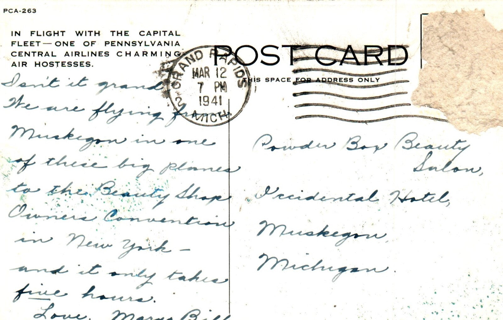 Pennsylvania Central Airlines Charming Air Hostess Pennsylvania Airport Postcard