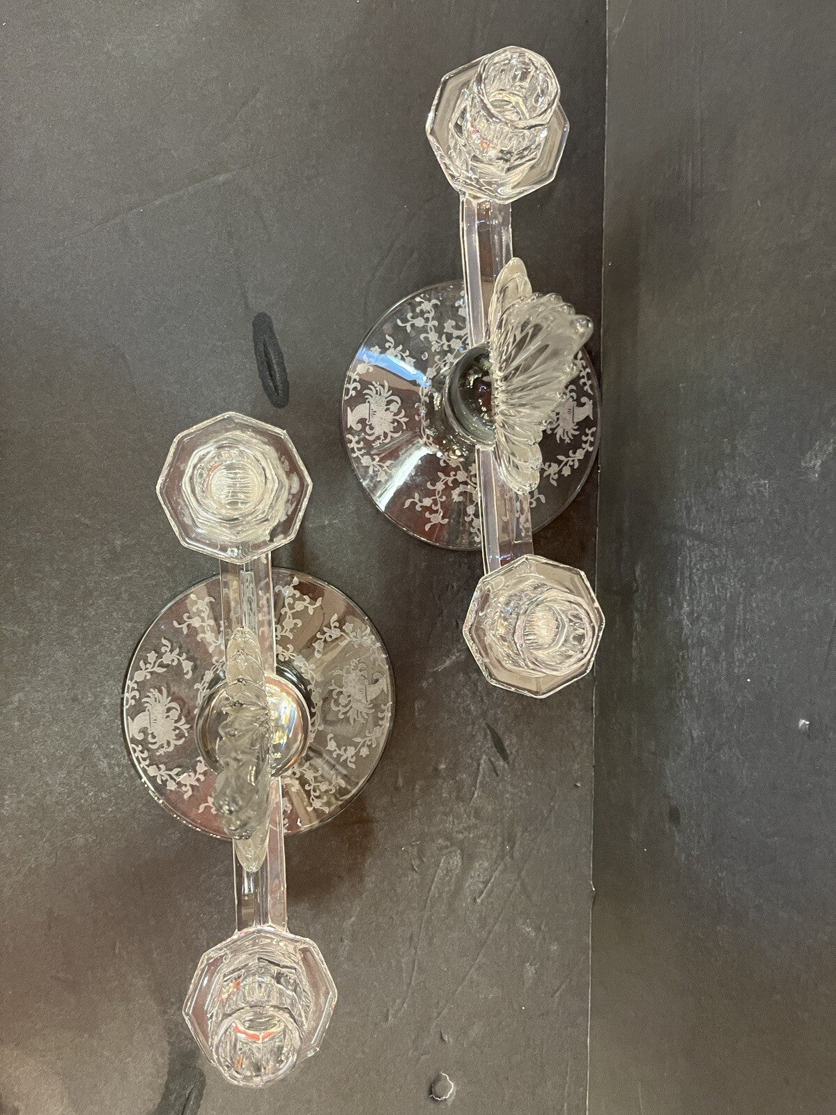 VTG art deco FOSTORIA double flame lido CRYSTAL Candleholder w/etched base (2)