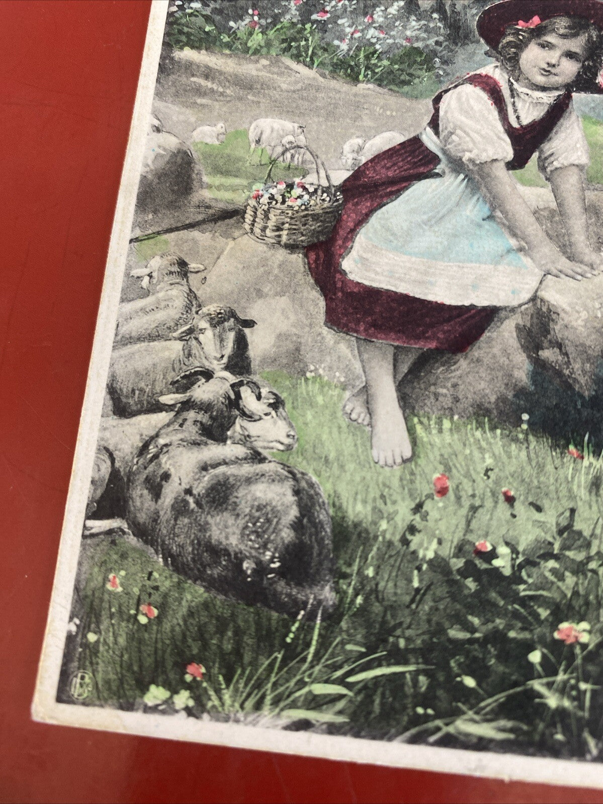Easter Greetings Girl in Mountains Lambs vintage postcard #2491