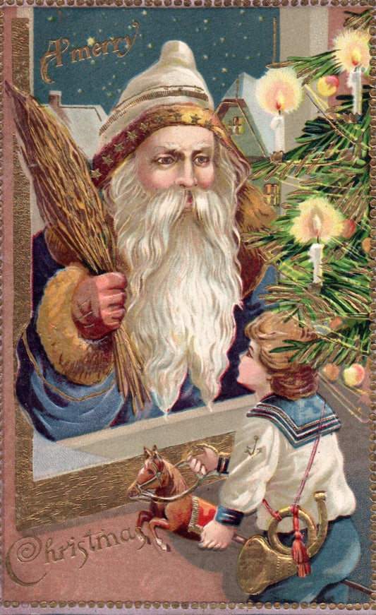 A Merry Christmas Gold Gilt Santa Giving to Child Vintage Santa Postcard