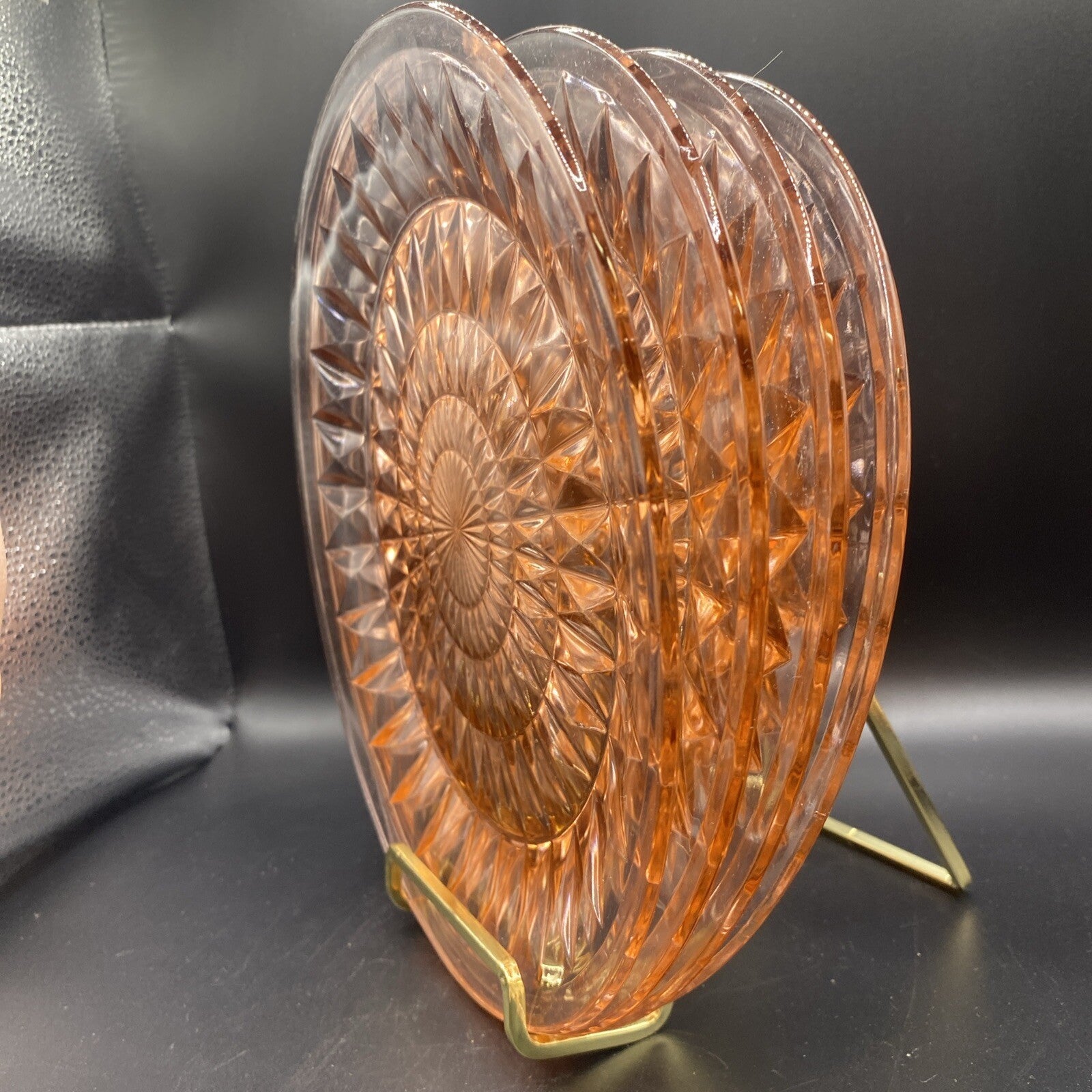 Lot of 4 9" Plates  Vintage Pink Depression Glass Cube Diamond Scalloped Edge