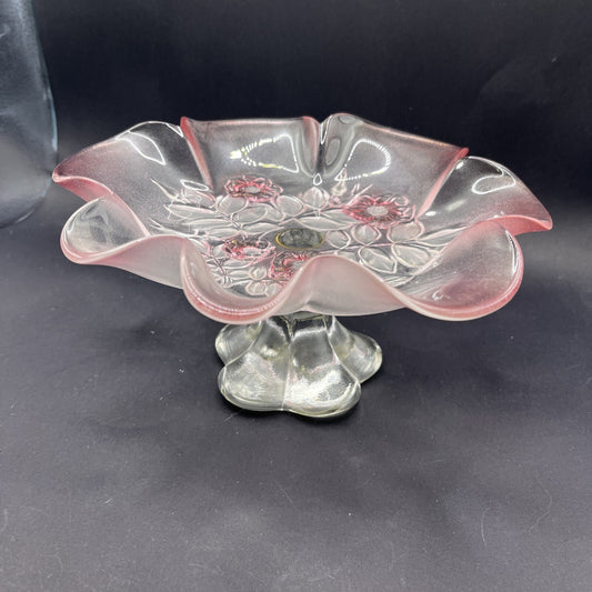 Glass Footed Candy Dish - 2 Tone Pink and Clear, Flowers Leaves Hummingbirds 8”