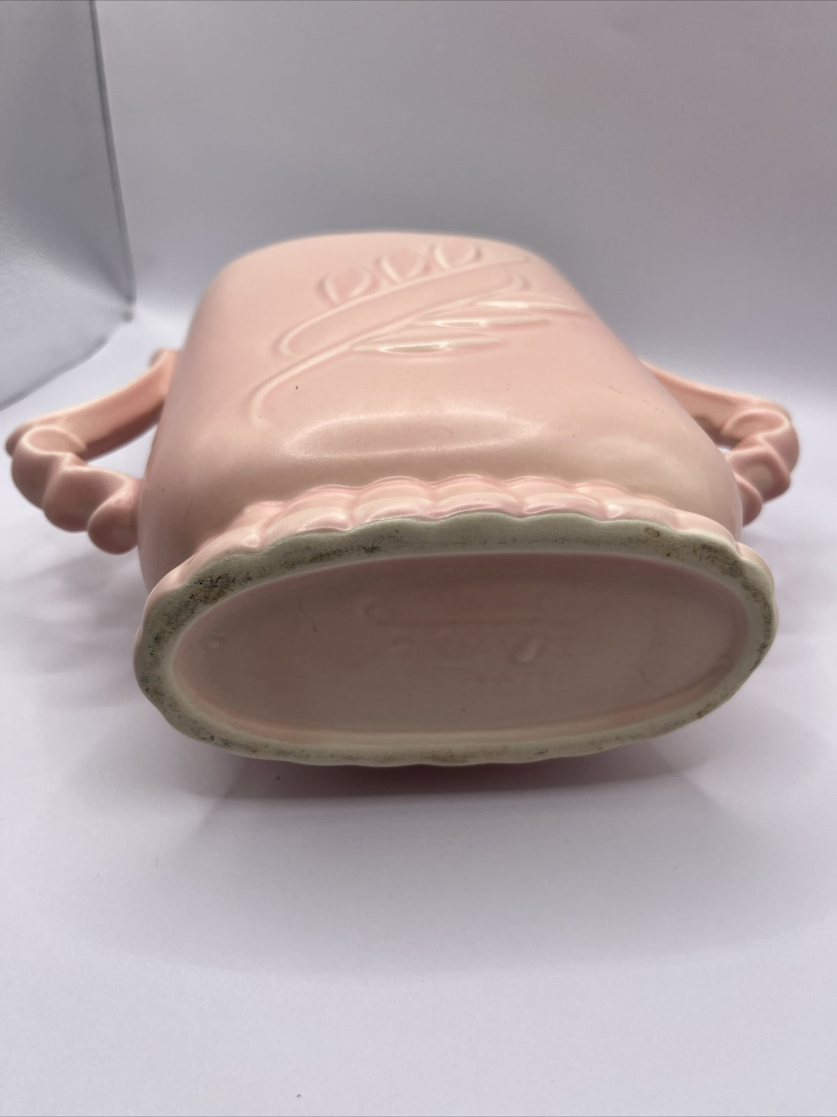 Vintage Red Wing Pottery Pink Leaf Embossed Double Handle Vase #1174