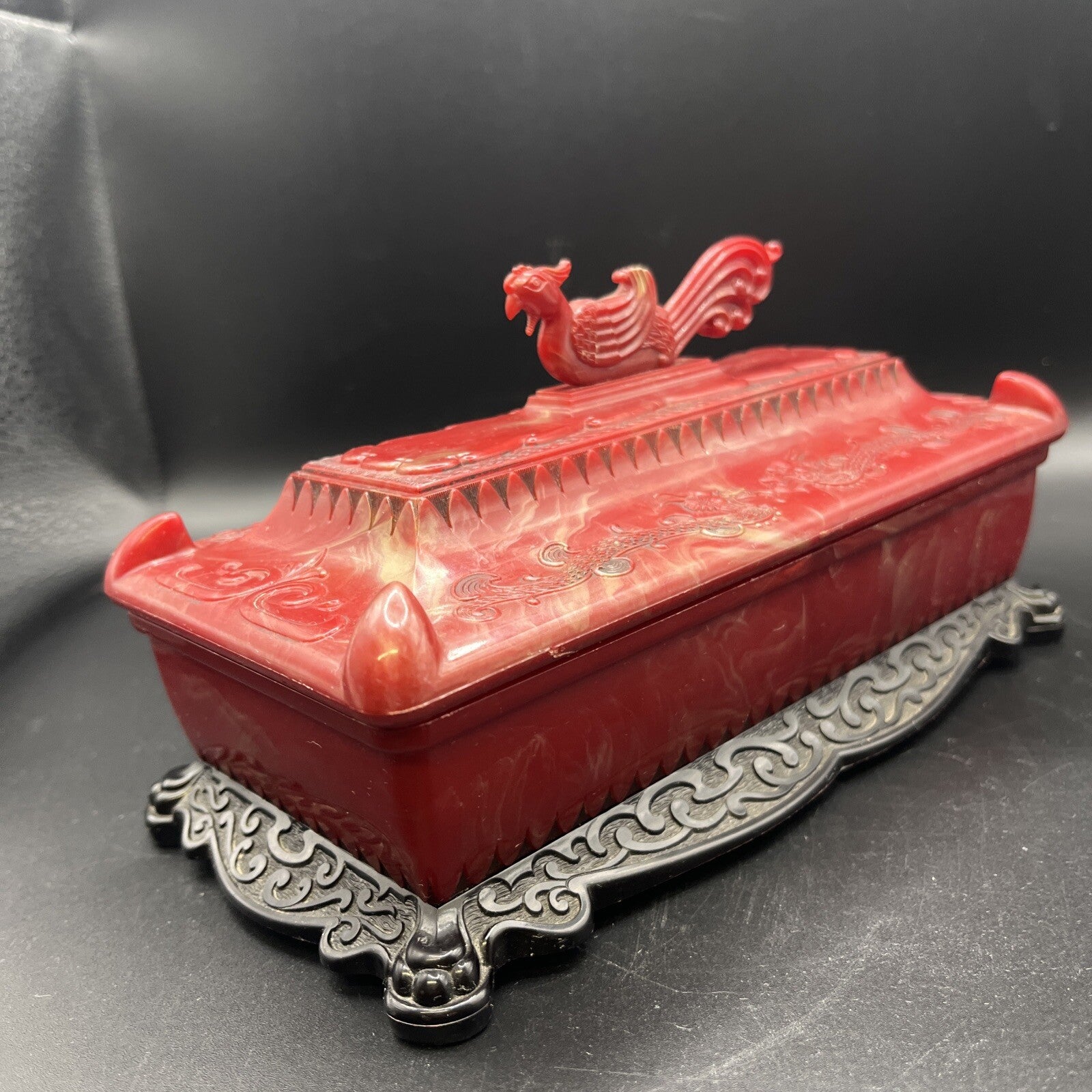 1940s Vintage Asian Red Dragon Celluloid Trinket Jewelry Box 
