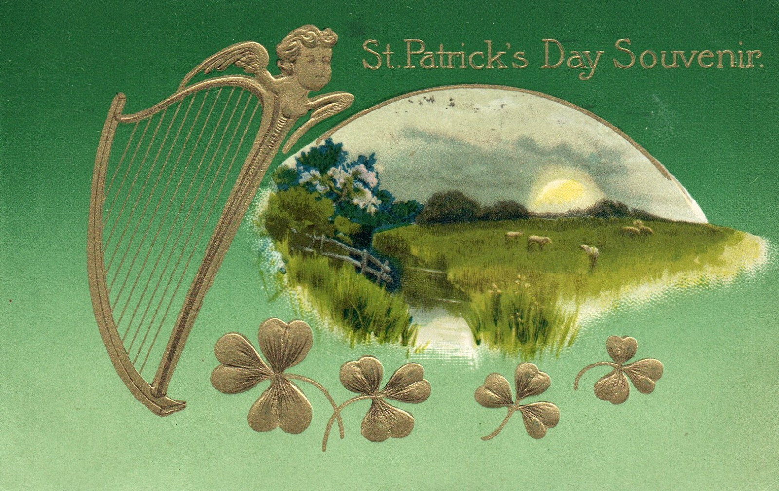 John Winsch St Pats Post Card Gold Embossed Harp Clovers Sheep