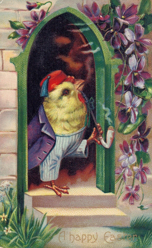 A Happy Easter Glossy Chick With Pipe Dressed Up Vintage Easter Postcard