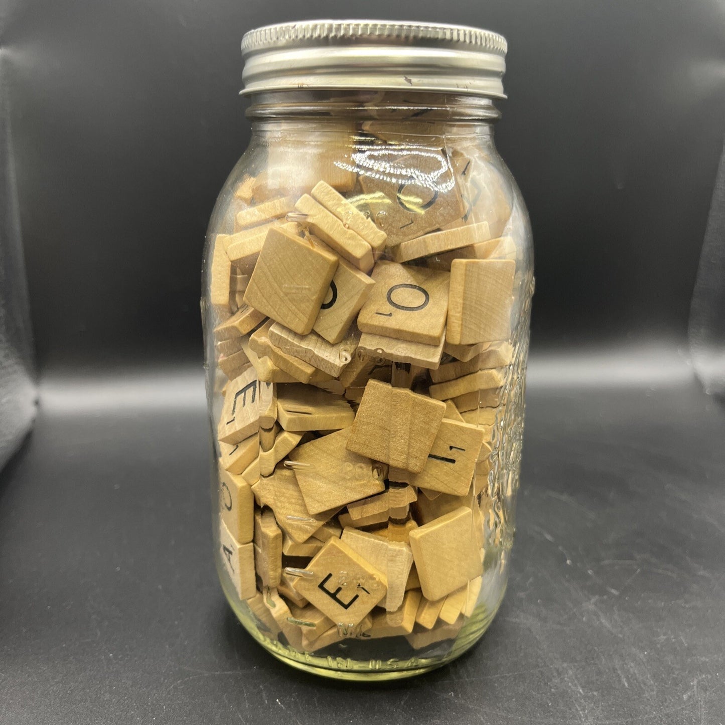 Filled Ball Mason Jar Scrabble Tiles Wooden Letters w Ribbon - Country Decor