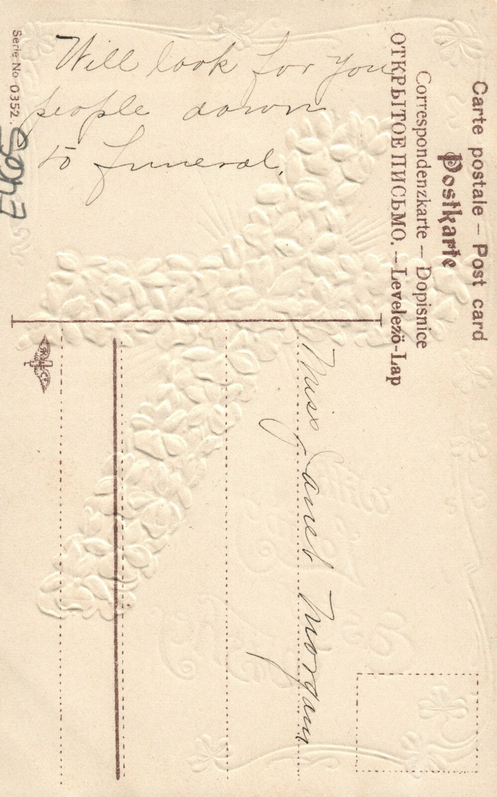 Purple Violets Gold Embossed Cross Series No 0352 Easter Postcard