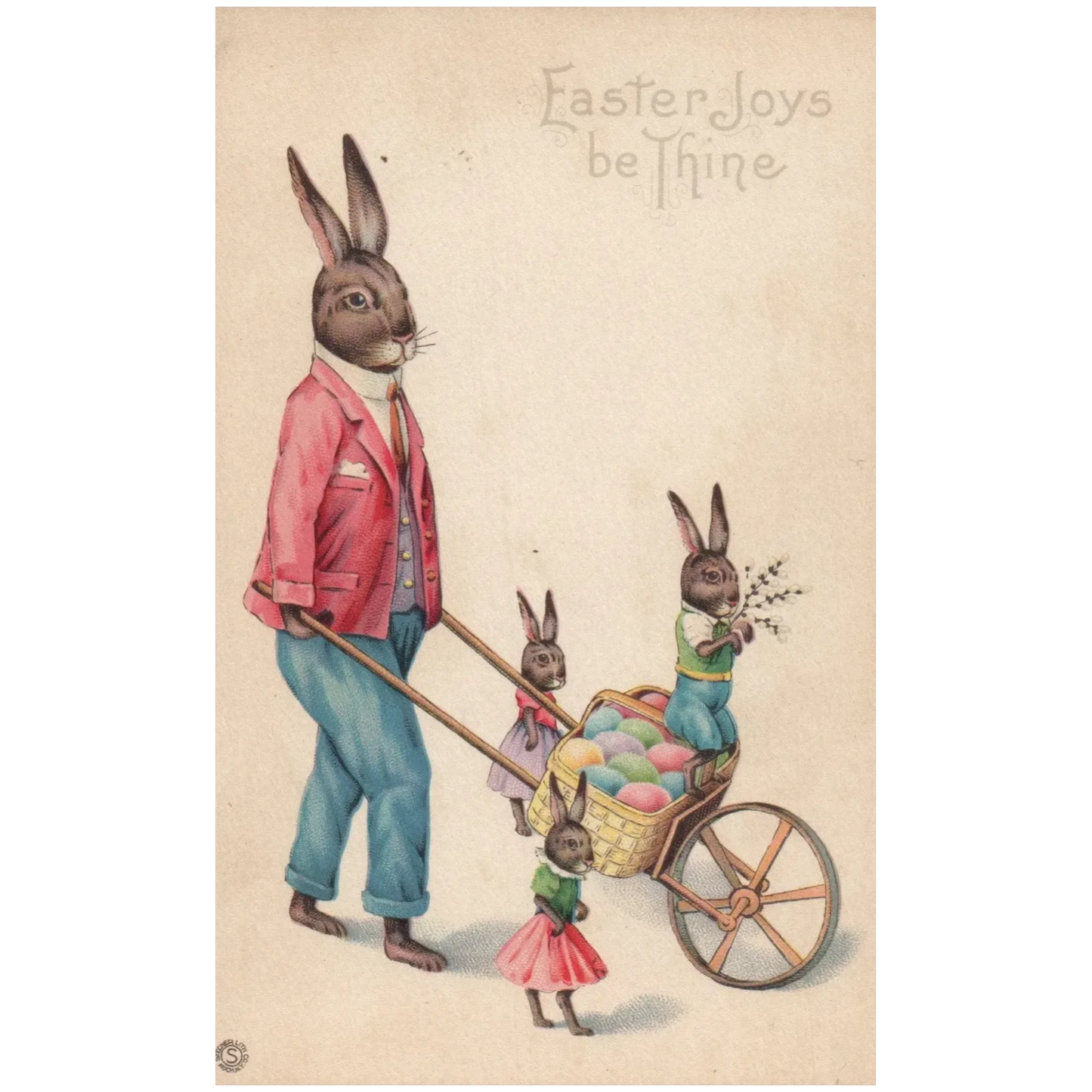 Stetcher Dressed Easter Bunny Father with children delivering eggs Postcard
