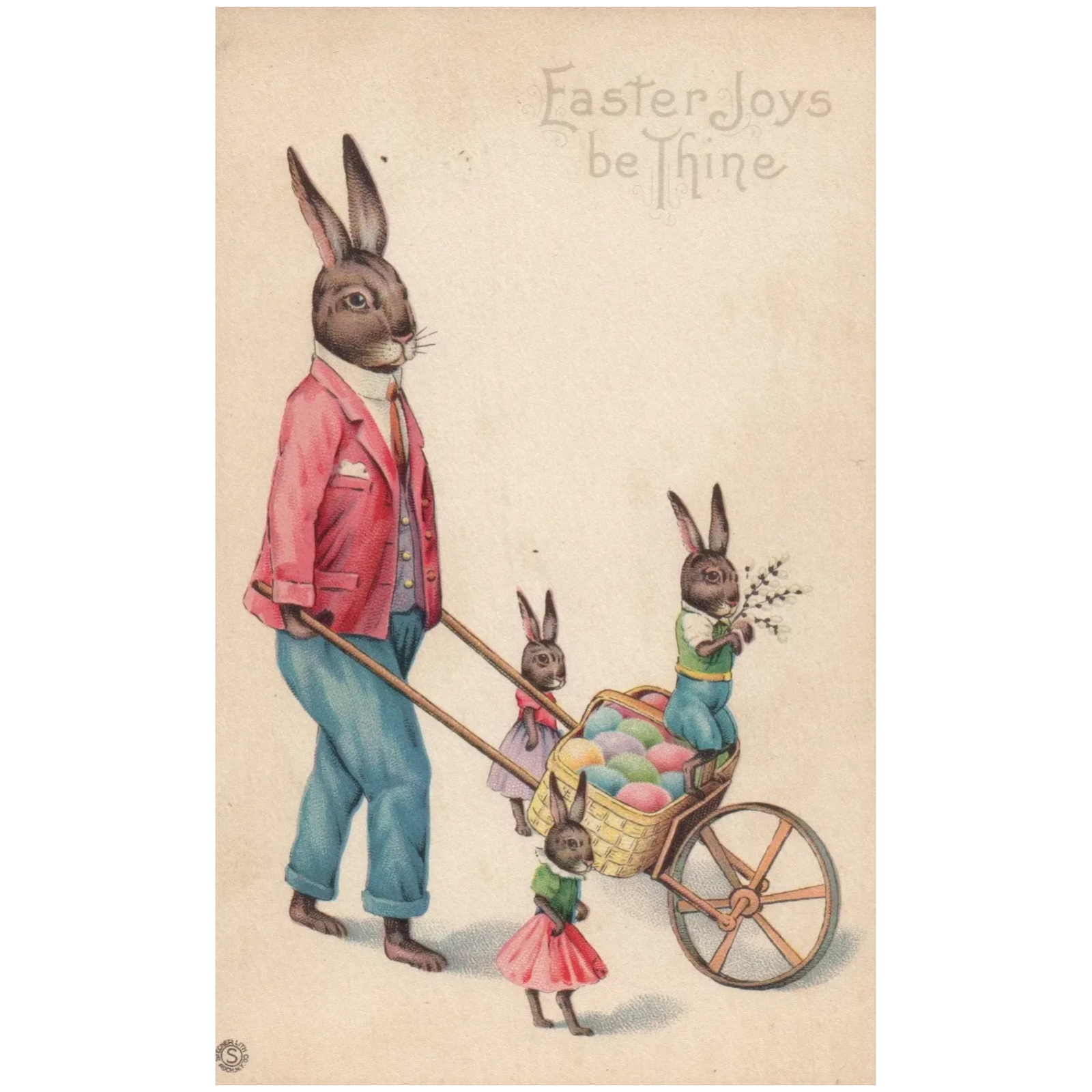 Stetcher Dressed Easter Bunny Father with children delivering eggs Postcard