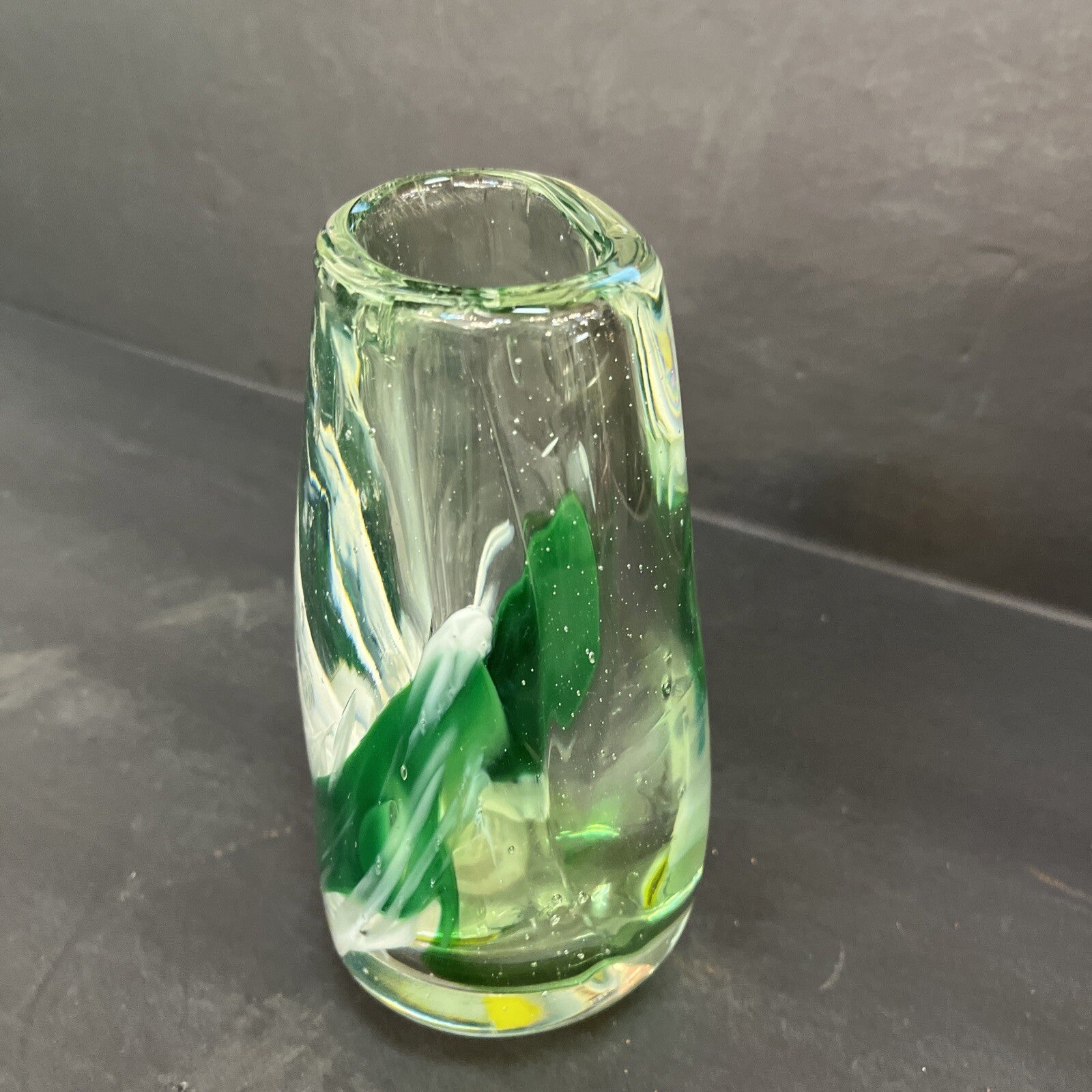 Italian Murano Art Glass Vase, 7" Green/white Hand Blown